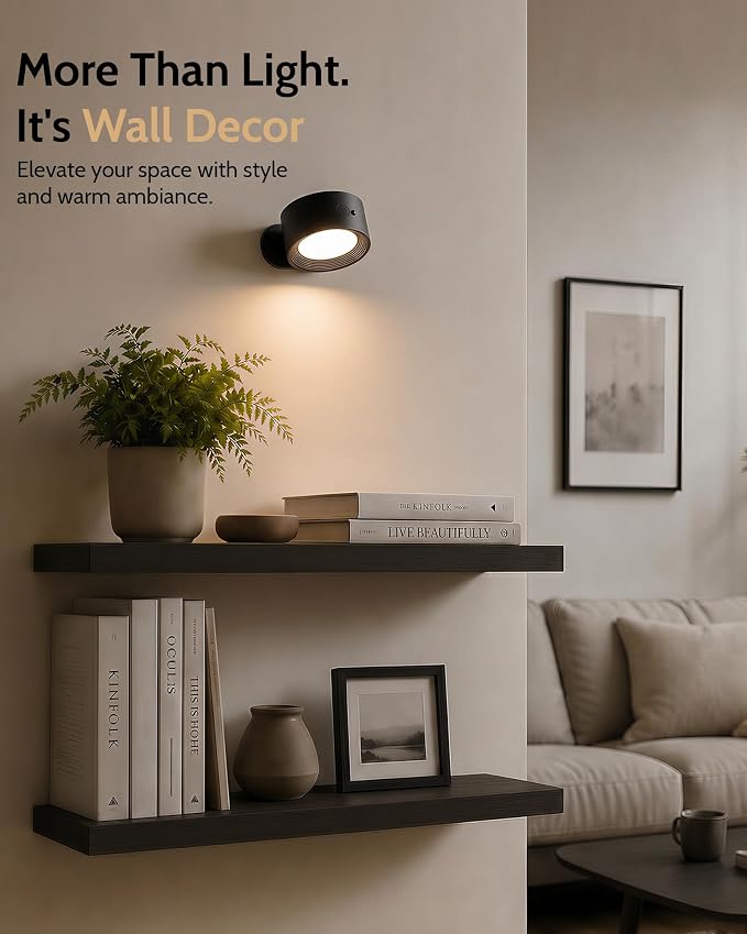 LED Wall Mounted Lights, Rechargeable Wall Sconces, 3 Color Temps, Remote & Touch, 360° Rotating and Dimmable for Bedroom, Bedside & Reading (Black, 2 Pack)