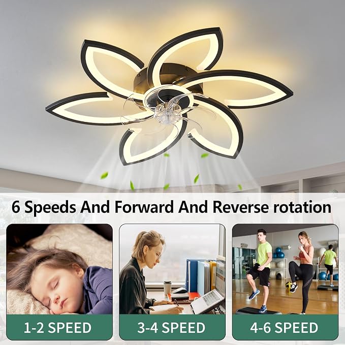30inch Black Flower Modern CeilingFans with Lights, Low Profile Ceiling Fan with Remote for bedroom, Flush Mount Ceiling Fan with LED Dimmable Light,6-Speeds, Timing Ceiling Fan Light