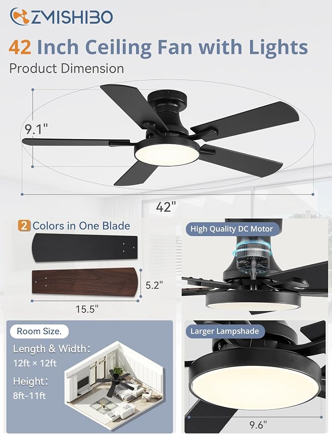 ZMISHIBO 42 Inch Ceiling Fans with Lights, Flush Mount Low Profile Ceiling Fan with 6 Speeds & 3CCT, Smart Remote&APP Control, Dimmable 24W LED Light, Quiet DC Motor for Living Room Bedroom,Black