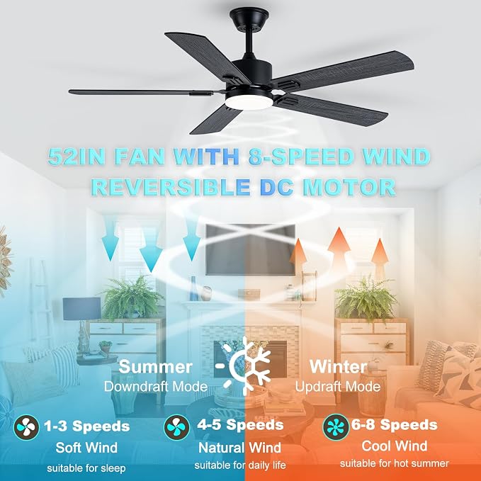 Coolwind Black Ceiling Fan with Display Remote/APP Control, 52 Inch Noiseless Modern 5 Blade Ceiling Fan with 8 Speeds & 3CCT, Dimmable, Timer, DC Reversible Motor for Bedroom, Living Room