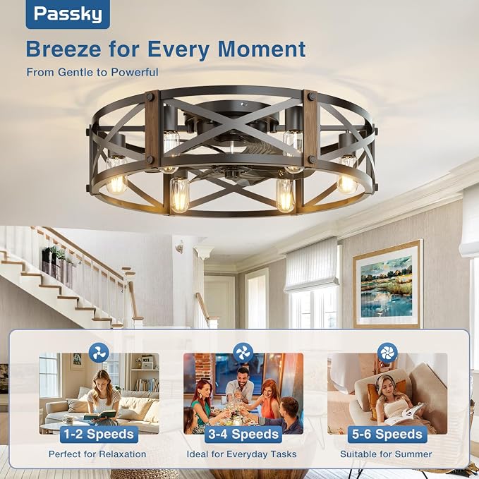 Passky 24" Farmhouse Flush Mount Ceiling Fans with Lights and Remote, Industrial Black Caged Low Profile Fandelier, 6 Speeds Bladeless Ceiling Fan for Bedroom, Kitchen, Living Room