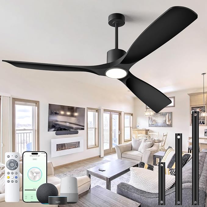 Ceiling Fans with Lights, Ceiling Fans with Lights and Remote Control, 52 inch Black Modern Smart Ceiling Fan with Light, Outdoor Ceiling Fans for Patios 3 Blade Bedroom Living Room（Black）