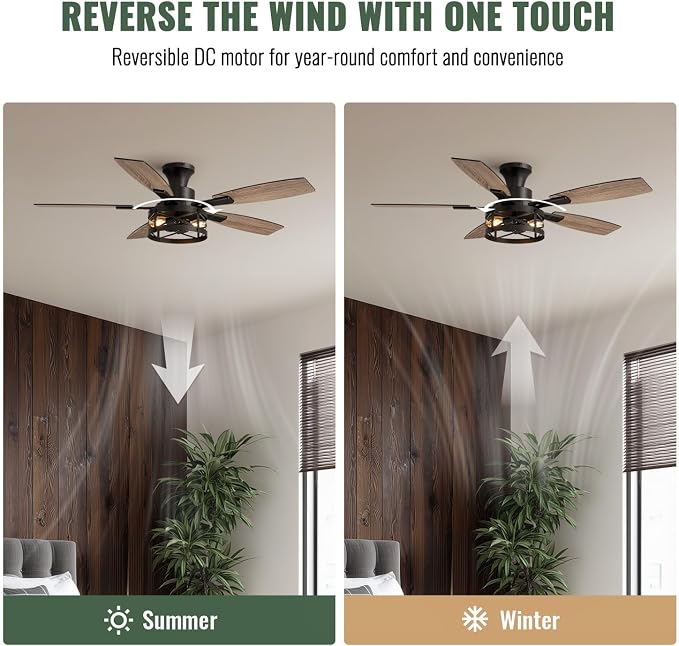 52 Inch Flush Mount Ceiling Fans with Lights and Remote Control, Low Profile Farmhouse Ceiling Fan for Bedroom Living Room and Patio, Black Caged Ceiling Fan for Indoor and Outdoor（NO BULBS）