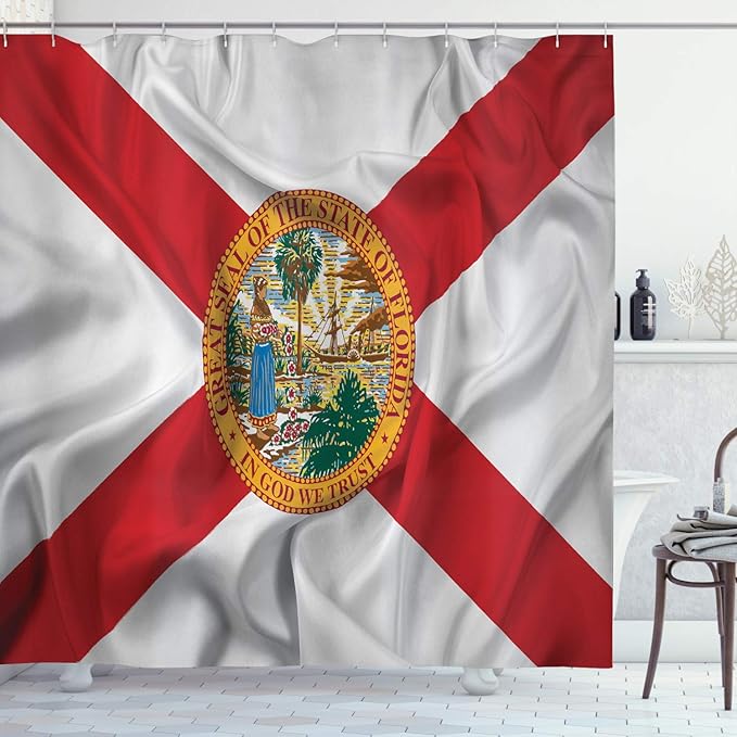 Ambesonne American Shower Curtain, Florida Flag Land of Sunshine Flowers Palms Rivers and Lakes Steamboat, Cloth Fabric Bathroom Decor Set with Hooks, 69" W x 70" L, Red White Multicolor