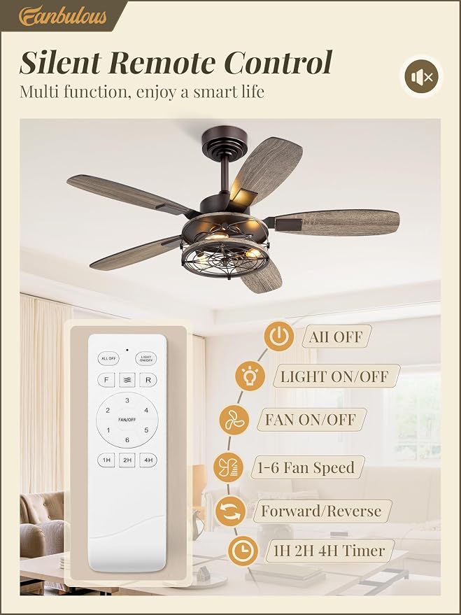Fanbulous Farmhouse Ceiling Fan with Light and Remote, Industrial Caged Flush Mount Ceiling Fans with 6 Speed Reversible Motor and Dual Finish 5 Blades, for Living room, Bedroom (Oil Bronze, 42 Inch)
