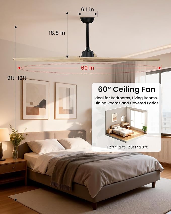 Skylike 60in Modern Wood Ceiling Fan No Light with Remote for Bedroom-Light | Real Wood Blades,Quiet DC Motor,Reversible,Beep-Off Function,6 Speeds,3 Timers,12" downrod ,Indoor and Outdoor