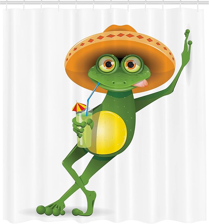Ambesonne Cartoon Shower Curtain, Whimsical Funny Frog in a Sombrero and Cocktail Drink Glass Fauna Hot Weather Holiday Mexican Art, Cloth Fabric Bathroom Set with Hooks, 69" W x 70" L, Green Fern