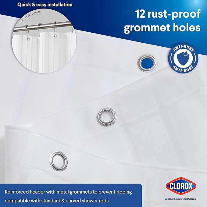 Clorox Shower Curtain Liner, Premium Striped Medium-Weight Durable Waterproof 6g PEVA for Bathroom with Weighted Magnets, Printed Standard Size 72" x 72", White