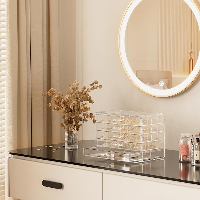 ProCase Acrylic Earrings Holder Organizer Box -Clear, 5 Layers | 79 Jewelry Storage Grid Large Clear Compartments Transparent Stackable Drawers Jewelry Display for Earring Ring Bracelet