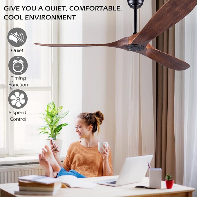 60 Inch Ceiling Fan Without Light ，Wood Indoor Outdoor Ceiling Fans No Light for Patios Living Room Bedroom Porch Big Ceiling Fan for Flat Sloped Ceiling(Walnut)