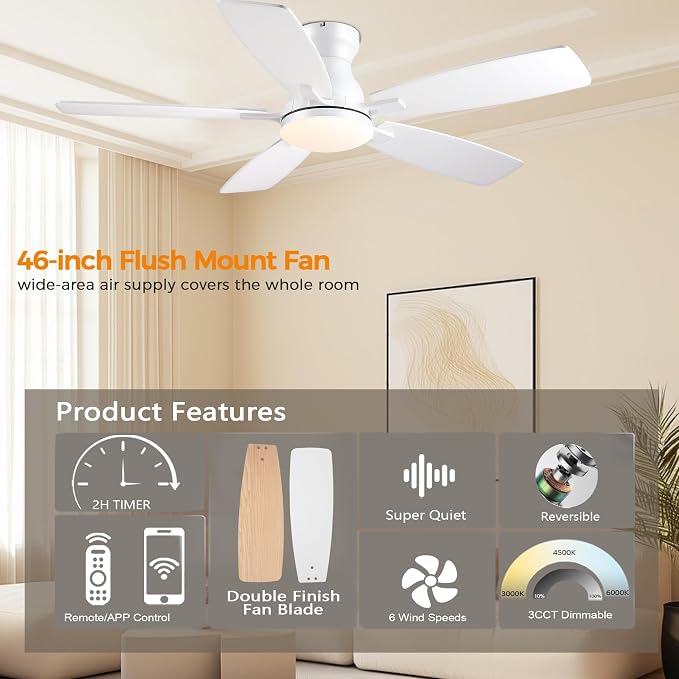 JSAITEE 46 Inch Low Profile Flush Mount Ceiling Fan with Lights, Black | Flush Mount Low Profile Ceiling Fan with DC Motor, 6 Speeds 3CCT Dimmable, Modern Indoor Fan Light Fixtures