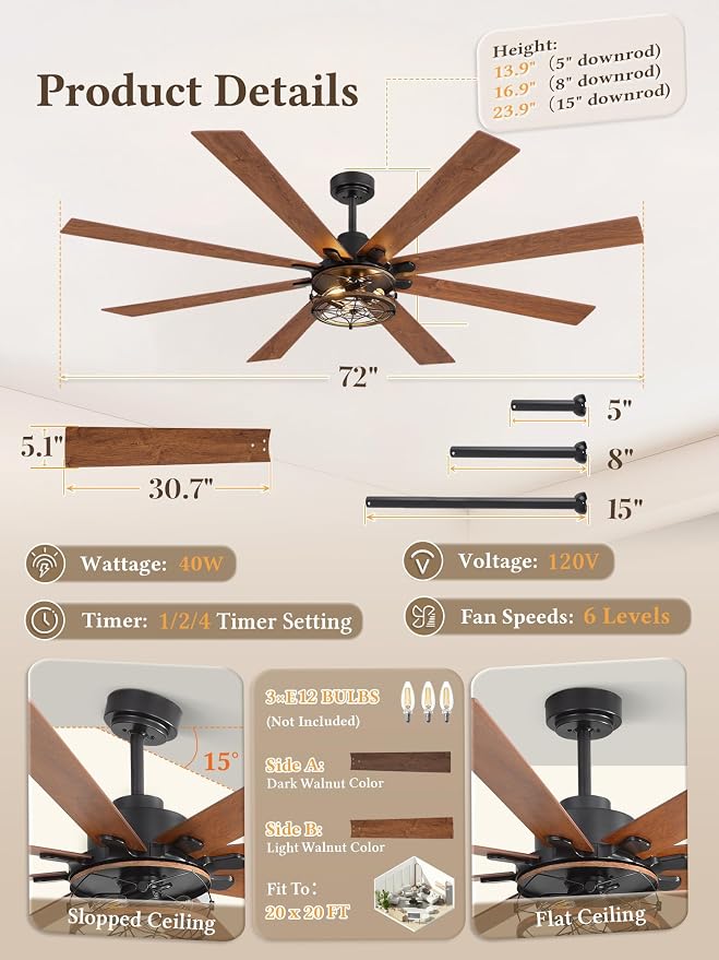 72 Inch Ceiling Fans with Lights, Farmhouse Ceiling Fan with Lights and Remote, Dual Finish 8 Blades Black Caged Rustic Ceiling Fans with 6 Speed Reversible Motor for Indoor/Covered Outdoor