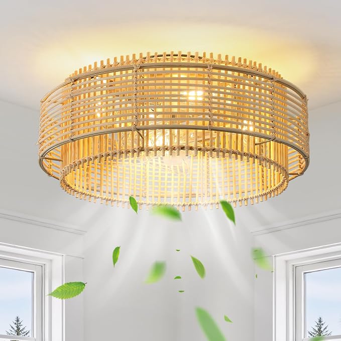 Rattan Boho Ceiling Fans Lights: 19.3'' Low Profile Layered Ceiling Fans with Light & Remote Control Flush Mount Modern Fandelier with Reversible 6 Speeds for Bedroom, Nursery, Living Room, E26 Base