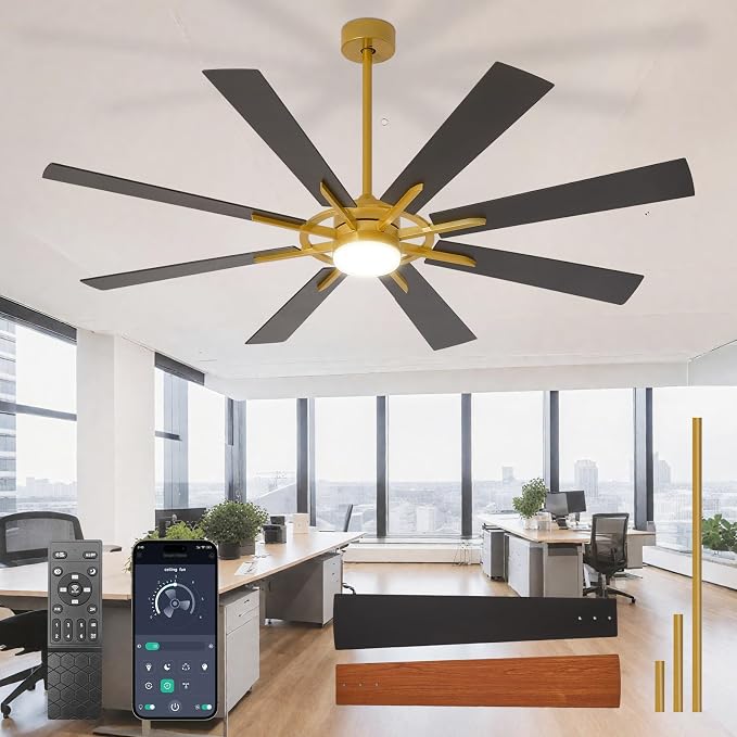 Large Ceiling Fans with Lights: Modern 66 Inch 8 Blade Outdoor Ceiling Fan with Remote APP Control - Dimmable Black Gold Big Fan light Indoor Reversible 6 Speed Quiet DC Motor