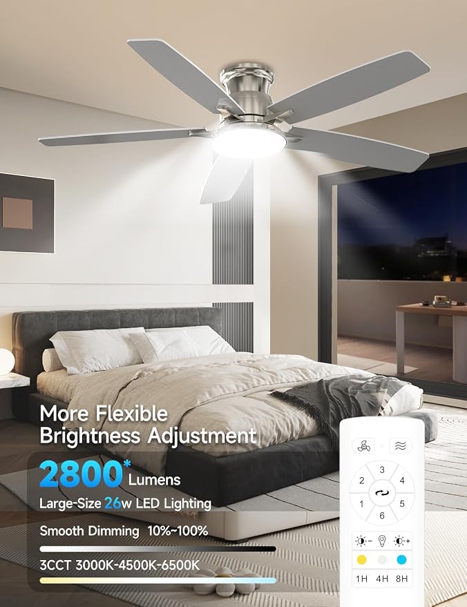 Flush Mount Ceiling Fan with Light, 52 Inch, Remote Control, 3CCT Dimmable LED, 6-Speed Silent Reversible DC Motor, Low Profile Hugger Ceiling Fan for Indoor/Outdoor 90-264V 50/60Hz Brushed Nickel