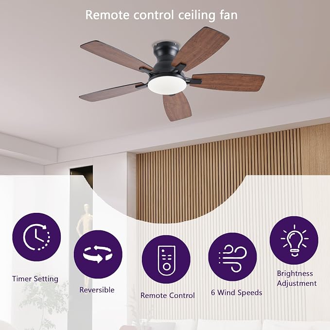 NKPU Ceiling Fans with Lights, Low Profile Ceiling Fan with Light and Remote/APP Control, DC Motor, Noiseless, Flush Mount, 42inch Brown Ceiling Fan for Bedroom Indoor/Outdoor Use