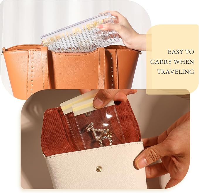HOMEHIVE Acrylic Jewelry Box Organizer, Clear Jewelry Organizer Holder with 20 Portable Anti Tarnish Jewelry bags, Travel Jewelry Case for Earrings/Rings/Necklaces for Women Girls, Yellow