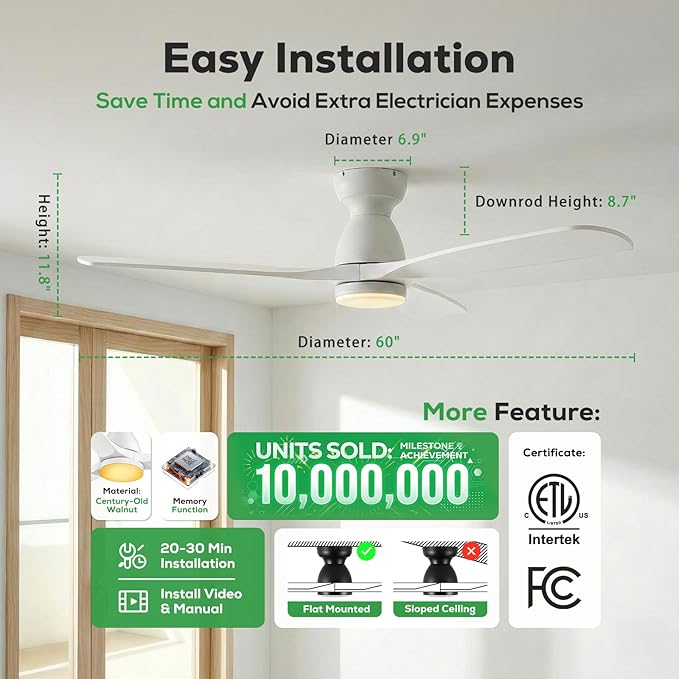 60 inch Smart White Flush Mount Ceiling Fans with Lights,Outdoor Low Profile Ceiling Fan Quiet DC Motor,Work with Alexa/Gg Voice Control/App/Remote,Dimmable,6-speed,3 Wood blades Fan for Patio,Porch