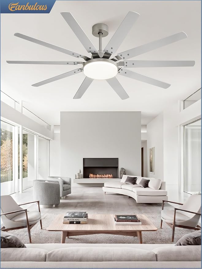 65 inch Large Brushed Nickel Modern Ceiling Fans with Lights and Remote, Indoor/Outdoor Ceiling Fan with 10 Blades, 32W LED light 3 CCT, 6 Speed Reversible Quiet DC Motor, Dual Finish Blades