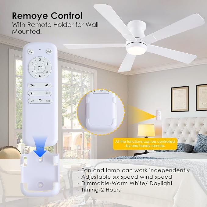 Hounberi 52" Flush Mount Ceiling Fan with Lights and Remote, Modern Black Low Profile Ceiling Fan, Quiet Reversible DC Motor, 3CCT Dimmable LED, Ideal for Bedroom, Kitchen and Low Ceilings, White