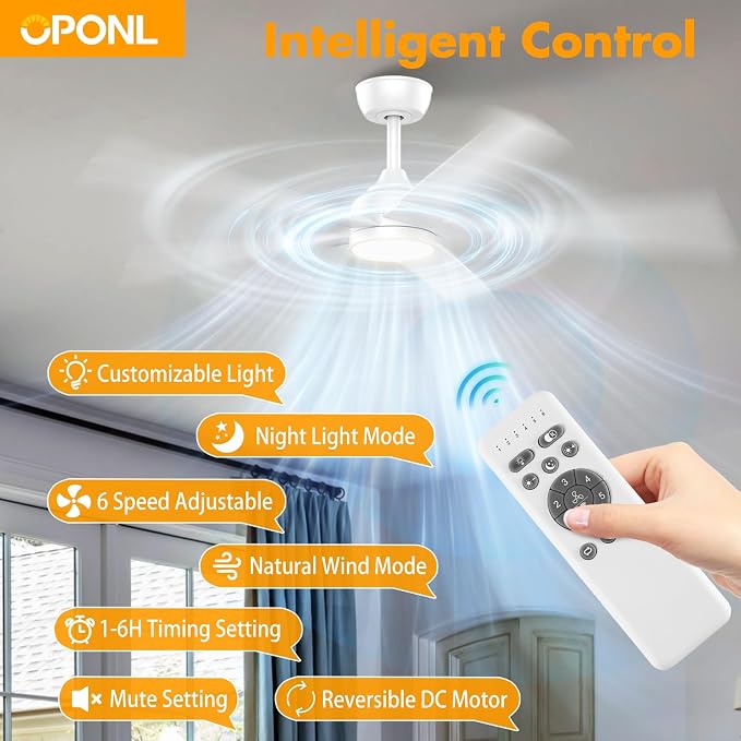 OPONL Ceiling Fan with Light, Ceiling fan with Light and Remote Control, Reversible, 6CCT, Dimmable, Noiseless, Ceiling Fan for Bedroom, Indoor/Outdoor Use, White, 52 inch, Modern