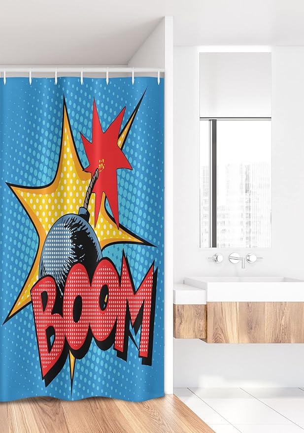 Ambesonne Vintage Stall Shower Curtain, Retro Style Design on Dotted Background Comics Pop Art Image Print Retro, Fabric Bathroom Decor Set with Hooks, 36" W x 72" L, Yellow Blue and Red