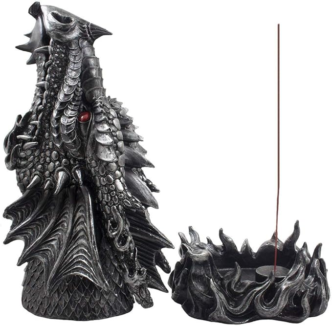 Mythical Fire Breathing Dragon Incense Holder & Burner Combo Statue for Sticks or Cones with Decorative Display Stand of Flames As Gothic Home Decor Aromatherapy Sculptures and Medieval Fantasy Gifts