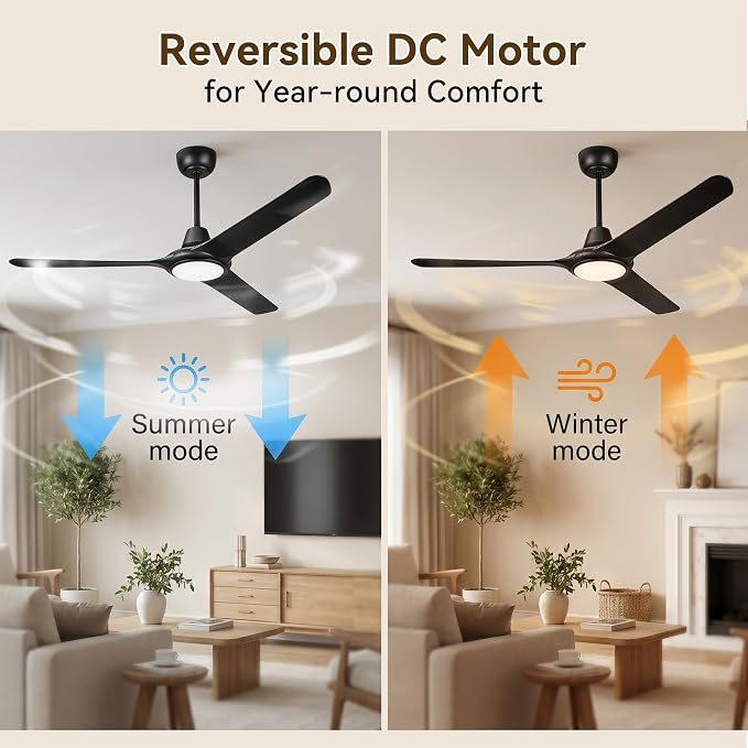 56" Ceiling Fans with Lights,Low Profile Ceiling Fan with Lights and Remote Control,Smart Ceiling Fan,Noiseless Reversible DC Motor,3 Blade Black Ceiling Fans,Ceiling Fan for Indoor/Outdoor