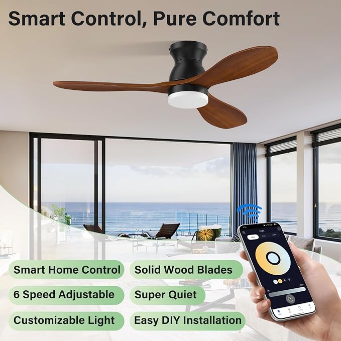 42 Inch Wood Ceiling Fans with Lights Remote,Smart Control via Alexa,APP,Quiet DC Motor,Dimmable,Outdoor Indoor, Flush Mount Hugger Modern Ceiling Fan for Low Profile Bedroom,Patio,Walnut Brown& Black