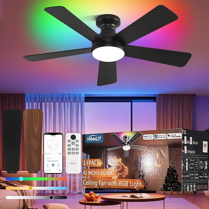 42 inch RGB Ceiling Fan with Light, Voice & App & Remote Control Low Profile Flush Mount Ceiling Fan,6 Speeds Silent Motor, 4-Color Temperature Dimmable for Home Office Party, Black
