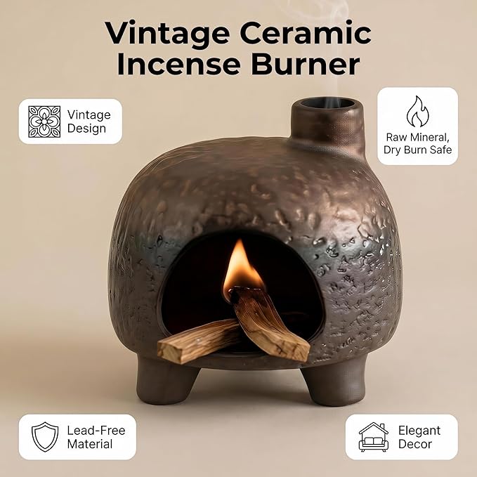 Handmade Ceramic Palo Santo Holder – Suitable for Burning Sage & Palo Santo - Mini Chimenea-Style Burner, an Incense Burner for Spiritual Meditation, Yoga or Home Decoration