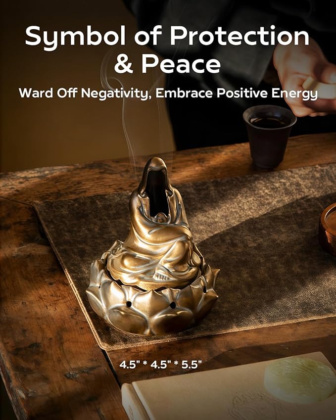 Zen Incense Burner for Cone & Coil – Ceramic Faceless Buddha Statue for Protection & Meditation, Home Decor to Ward Off Negativity