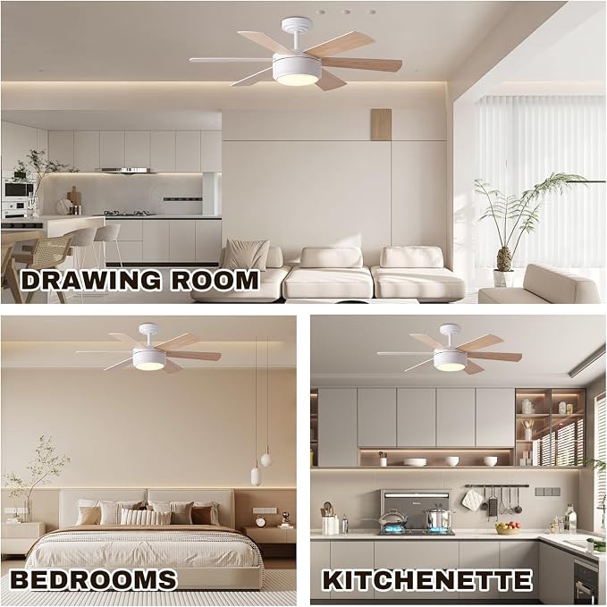 SHOWDI White Ceiling Fans with Lights and Remote, Quick Installation, 42 in | 2 Blade Color, Metal Material, App Remote Control, Timer, Reversible, 3CCT, Dimmable for Bedroom, Living room, Indoor