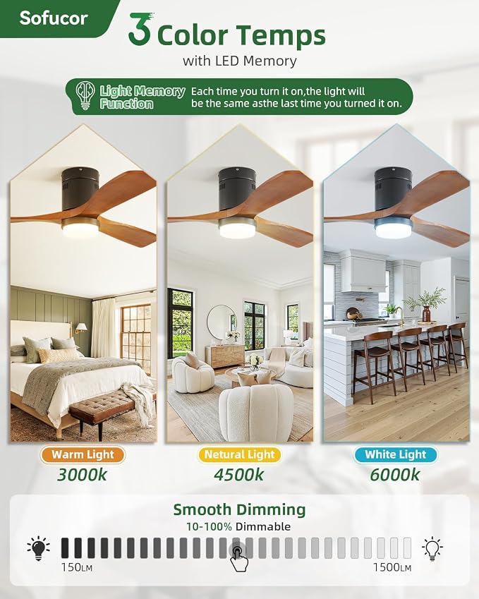 Sofucor 52 Inch Ceiling Fans with Lights and Remote, Low Profile Flush Mount Solid Wood Modern Outdoor Ceiling Fan for Bedroom/Living Room/Patio/Farmhouse, Quiet Reversible DC Motor, Dimmable LED