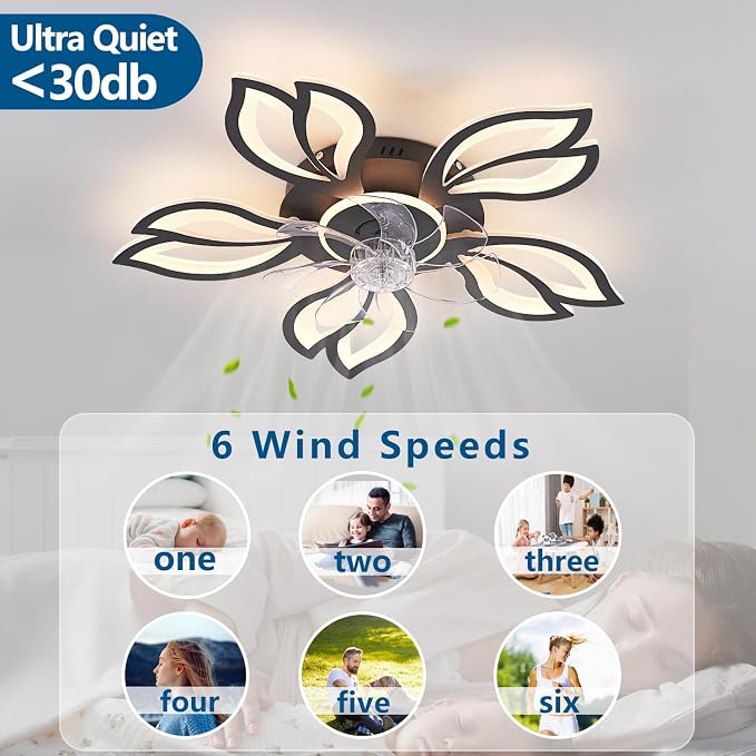 Dalouguan Ceiling Fan with Lights Remote Control, 26" Black Modern Leaf 6 Speeds 3 Light Color Low Profile Flush Mount Ceiling Fan for Kitchen Bedroom