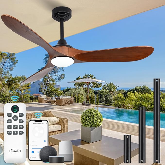 52” Outdoor Ceiling Fan with Light and Remote via WiFi Alexa, 3 Walnut Solid Wood Blade, Noiseless Reversible Dc Motor, Smart Outdoor Wood Ceiling Fan for Farmhouse Patios, Walnut