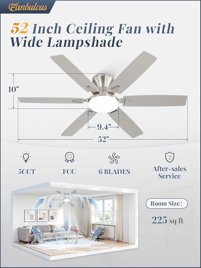Fanbulous Ceiling Fans with Lights, 52 Inch 6-Blade, Smart APP & Remote Control, Dimmable 5CCT LED with Smart Memory, DC Motor Quiet for Bedroom Living Room, Damp Rated for Outdoor Covered Patio