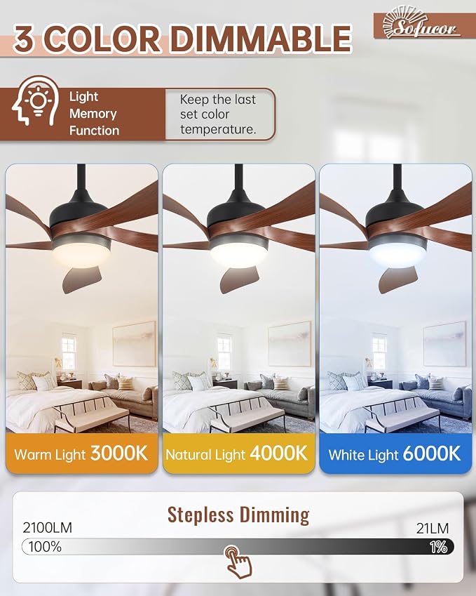 Sofucor 42 Inch Ceiling Fan with Lights and Remote, Indoor/Outdoor Ceiling Fan with Light 6-Speed 3 CCT 3-Timer, Low Profile Ceiling Fan 5 Blade Quiet DC Motor for Bedroom Living Room Patio