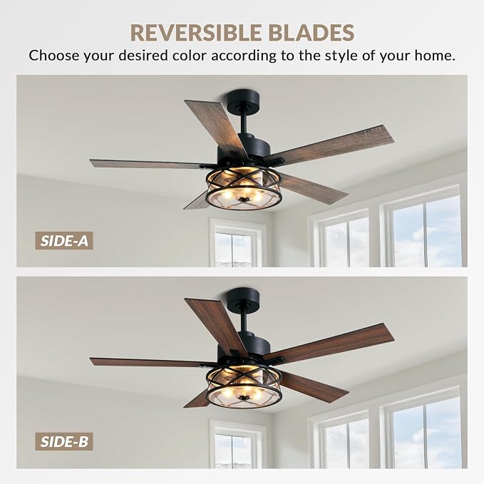 Farmhouse Ceiling Fan with Lights 52 Inch Caged | Bubble glass shade farmhouse fandelier with walnut blades, quiet DC motor, remote, 6 speeds, timer for stylish living spaces.