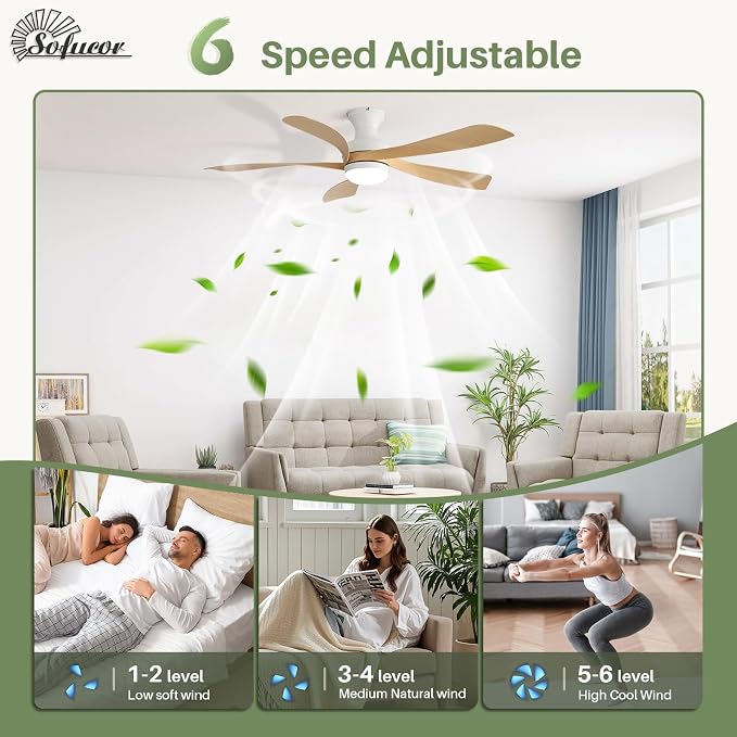 Sofucor Smart 52'' Low Profile Ceiling Fan with Lights and Remote, Flush Mount Ceiling Fan Work with APP/Alexa/Google for Modern Bedroom Living Room Patio, Dimmable LED Quiet Reversible DC Motor