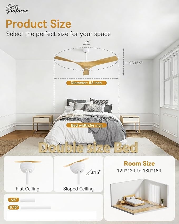 Sofucor 52 Inch Smart Ceiling Fan No Light, Modern Ceiling Fan with 3 Plastic Blades, Compatible with Alexa/Google/App, 6 Speeds 4500CFM, Timer Quiet Reversible DC Motor, ETL/FCC