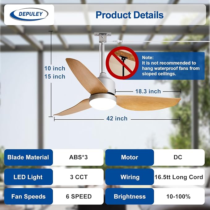 Depuley 42-Inch Ceiling Fans with Lights: Outdoor Waterproof Ceiling Fan for Patios - Plug in Gazebo Fans with Remote Control - Low Profile Outdoor Fan 3 CCT DC Motor for Pergola Porch - Wood Color