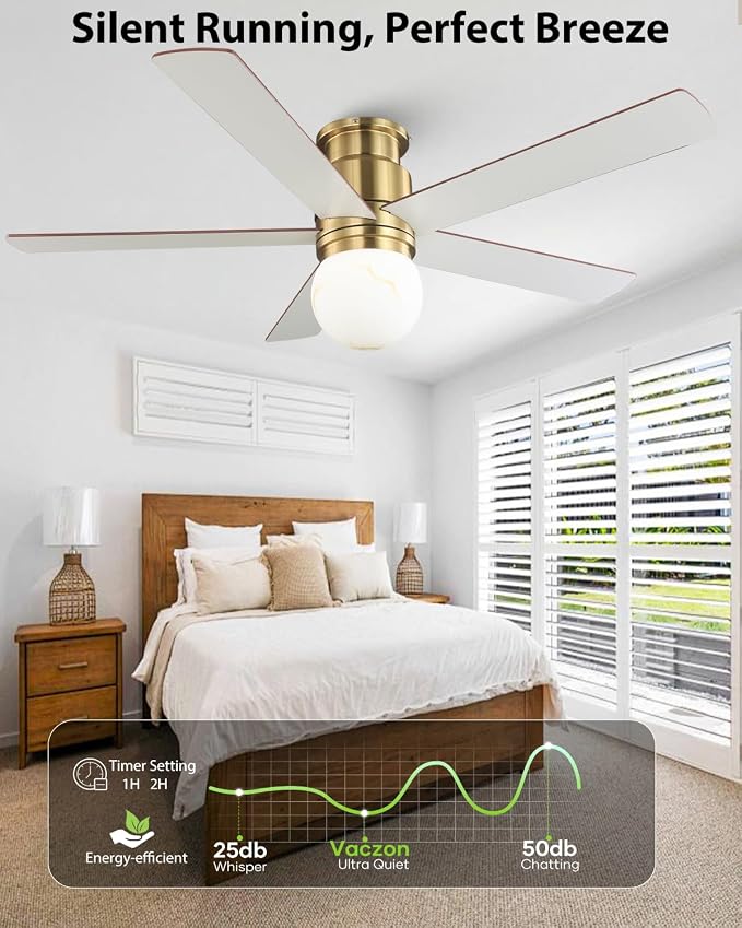 52 Inch Low Profile Ceiling Fan with Light, Flush Mount Brushed Gold Ceiling Fan Remote,ETL Listed, Indoor Outdoor Fan for Bedroom Living Room Patio, 3CCT, 6 Speeds