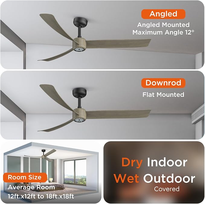 TALOYA 52 Inch Ceiling Fans with Lights Led Remote Control Flush Mount Low Profile for Living Room Bedroom Outdoor Patio,DC Motor,Reversible,Dimmable,Buzzer ON/Off,3 Blades,Black Walnut