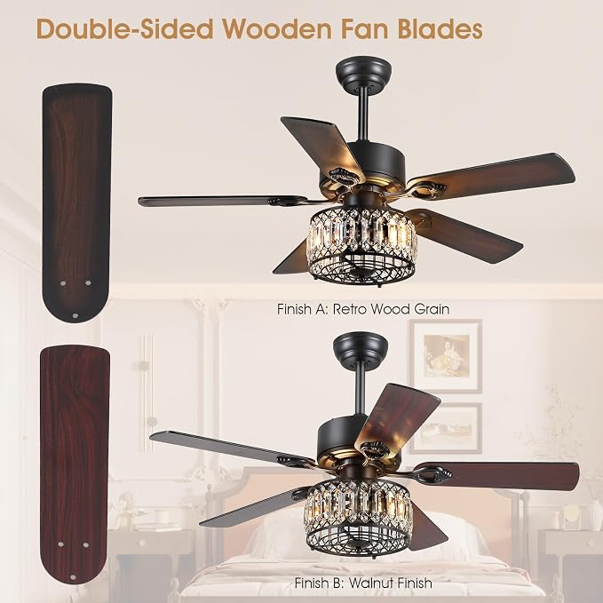 Kviflon Farmhouse Crystal Ceiling Fans with Lights and Remote, 48 Inch Chandelier Ceiling Fans, Black Fandelier Ceiling Fan for Bedroom Living Room, Quiet DC Motor, Reversible, Bulb not Included