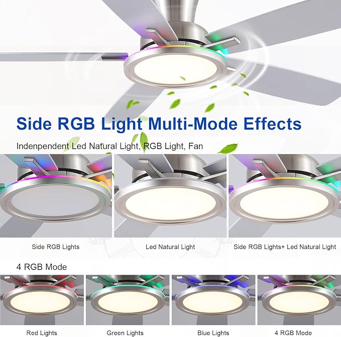 BYKISTOK 52" RGB Ceiling Fan with Light and Remote/App - Flush Mount Ceiling Fan Light with Reversible Mute Motor, RGB Ring, 5 Dual-Sided Blades, Low Profile Ceiling Fans for Indoor, Party