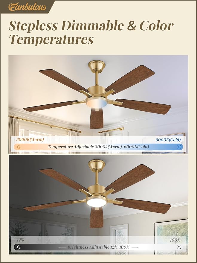 Fanbulous 52 Inch Black and Gold Ceiling Fans with Lights and Remote, Stepless Color Temperature Change & Dimmable 20W LED Ceiling Fan, 6 Speeds Reversible Quiet DC Motor for Bedroom, Living Room