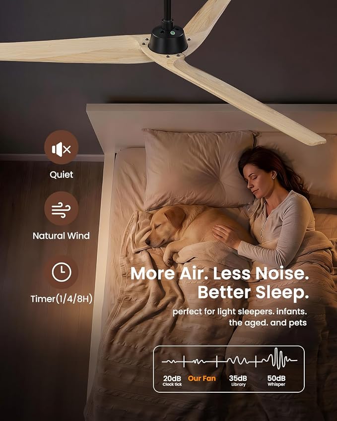 Skylike 60in Modern Wood Ceiling Fan No Light with Remote for Bedroom-Light | Real Wood Blades,Quiet DC Motor,Reversible,Beep-Off Function,6 Speeds,3 Timers,12" downrod ,Indoor and Outdoor
