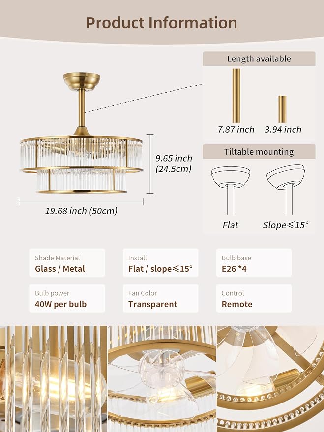 Copper Fandelier Ceiling Fans with Lights, 20" Copper Crystal Chandelier Ceiling Fan with Light Remote Control, Caged Mid Century with 6 Speeds for Bedroom, Living Room, Nursery