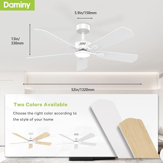 DAMINY 52 inch Ceiling Fan with Light,6CCT,5 Blade,Low Profile Ceiling Fan with Light and Remote Control,Downrods,White,Living Room,Indoor/Outdoor Use